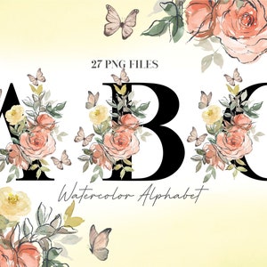 Acuarela Flores Alfabeto PNG, Rosa Floral Alfabeto Clip Art, PNG Transparente, Letras Mayúsculas Negras, Mariposas Alfabeto Mayúsculas 28W