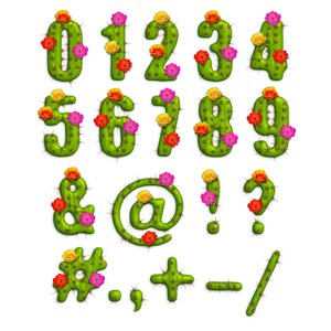 May include: Cactus-shaped numbers and symbols with pink, yellow, and orange flowers. The numbers include 0, 1, 2, 3, 4, 5, 6, 7, 8, 9. The symbols include ampersand, at sign, exclamation point, question mark, hashtag, period, comma, plus sign, minus sign, and forward slash.