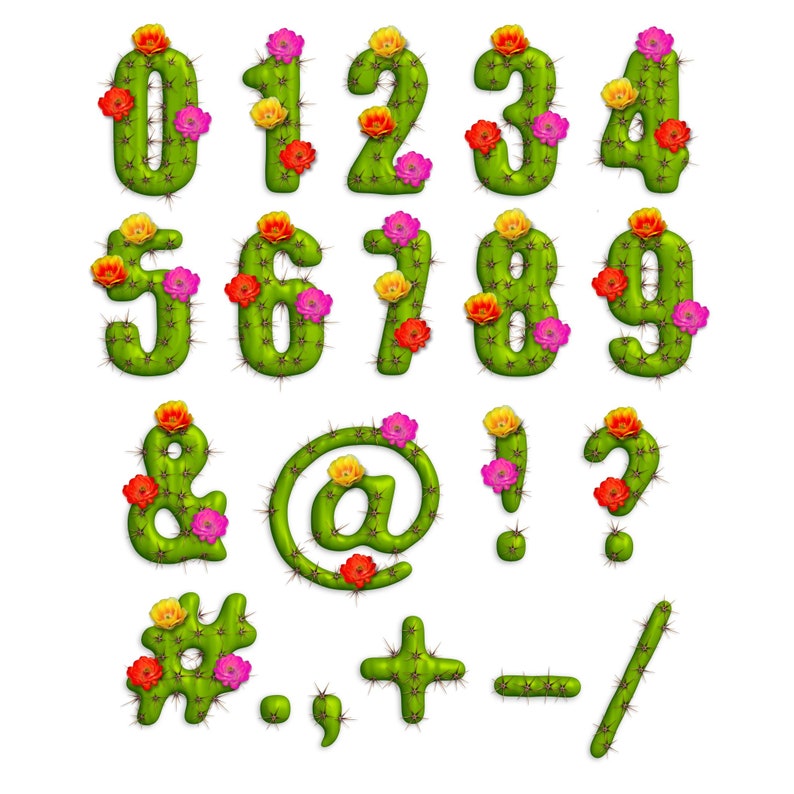 May include: Cactus-shaped numbers and symbols with pink, yellow, and orange flowers. The numbers include 0, 1, 2, 3, 4, 5, 6, 7, 8, 9. The symbols include ampersand, at sign, exclamation point, question mark, hashtag, period, comma, plus sign, minus sign, and forward slash.