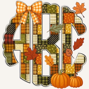 May include: A fall-themed monogram design featuring the letters "ARB" in a patchwork style with orange, green, and brown patterns. A plaid bow sits at the top, with autumn leaves and two orange pumpkins at the bottom. The design has a white outline.