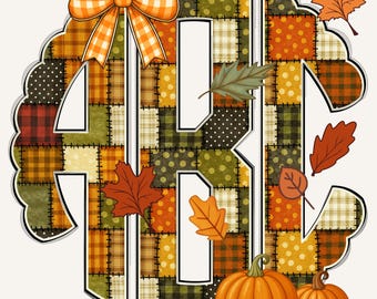 Patchwork Fall Scalloped Monogram PNG, Cottagecore Coquette, Quilted Print, Collage patchwork, Shabby chic PNG, Fall Monogram, Quilt 52CS