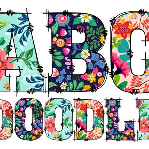 Alfabeto floreale primaverile PNG, Doodle Alpha, Fiori Doodle, Lettere Doodle PNG, Lettere primaverili, Primavera, Sublimazione, Pacchetto Alpha, Alfabeto 66D