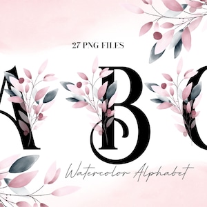 Alfabeto floral de acuarela (PNG), clip art floral de hojas de color rosa suave y negro, PNG transparente, letras mayúsculas, alfabeto botánico (31 W)