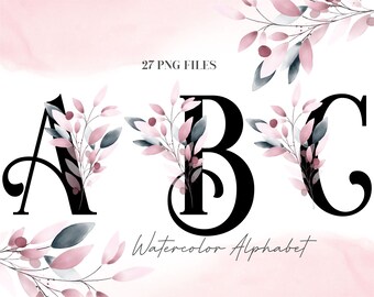 Watercolor Flowers Alphabet PNG, Black Soft Pink leaves Floral Alphabet Clip Art, Transparent PNG, Uppercase Letters, Botanical Alphabet 31W