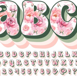 Retro Spring Floral Alphabet PNG, Retro Drop Shadowed Doodle Alpha, Doodle Letters, Spring Letters, Alpha Pack, Pink Flowers, Alphabet 8ESS