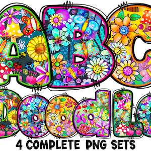 BUNDLE Alfabeto floral de primavera PNG, Doodle alfa gordito, flores de garabato, letras de garabato, letras de primavera, sublimación, paquete alfa 27AB
