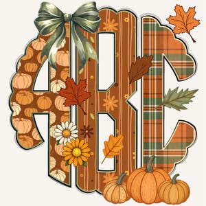 May include: A decorative monogram featuring the letters ABC in a fall theme. The letters are filled with pumpkin and plaid patterns, adorned with leaves, flowers, and a green bow. Three pumpkins sit at the bottom.
