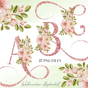 Watercolor Flowers Alphabet PNG, Gold Rose Floral Alphabet Clip Art, Glitter Letters, Glitter Uppercase Letters, Pink Botanical Alphabet 8WB