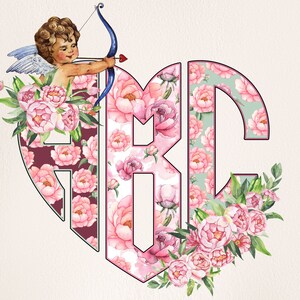 Letras PNG do monograma dos namorados, letras dos namorados, doodle alfa, flor aquarela, peônias, clipart, monograma em formato de coração 14MH