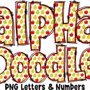 Lettere e numeri scolastici PNG, Alpha Doodle, lettere PNG, lettere Doodle PNG, lettere Apple, sublimazione, ritorno a scuola, pacchetto Alpha 26AP