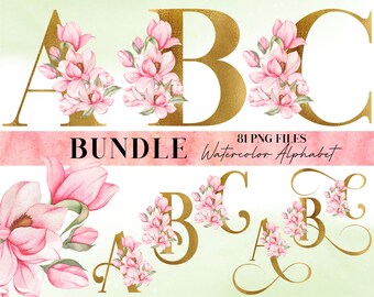 Bundle Watercolor Flowers Alphabet PNG, Gold Letters Alphabet , Transparent PNG, Floral Uppercase Letters, Pink Tulips Alphabet 15WB