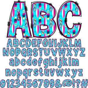 May include: A colorful alphabet with capital and lowercase letters, numbers, and symbols. The letters are outlined in black and filled with a blue, pink, and yellow pattern. The font is bold and playful.