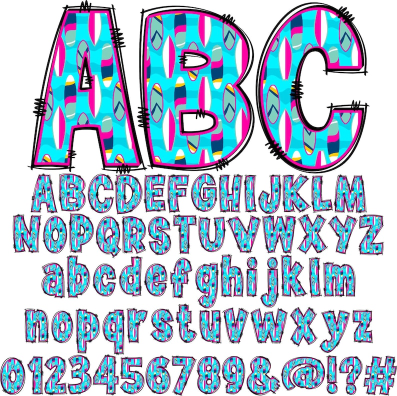 May include: A colorful alphabet with capital and lowercase letters, numbers, and symbols. The letters are outlined in black and filled with a blue, pink, and yellow pattern. The font is bold and playful.