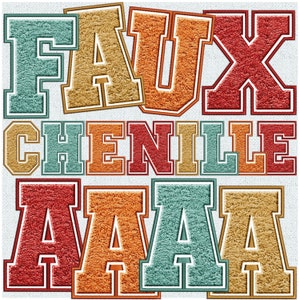 Pacote de letras de chenille com bordado falso, patch de chenille falso, letras de chenille, apliques de outono, universitário, chenille, PNG, chenille falso 23FS