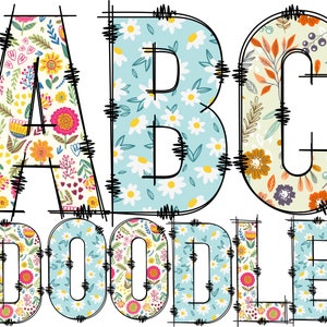 Spring Floral Alphabet PNG, Doodle Alpha, Doodle Flowers, Doodle Letters, Spring Letters, Spring, Sublimation, Alpha Doodles, Alphabet 66C