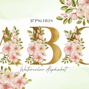 Watercolor Flowers Alphabet PNG, Gold Soft Pink Floral Alphabet Clip Art, Transparent PNG, Floral Uppercase Letters, Botanical Alphabet 9W