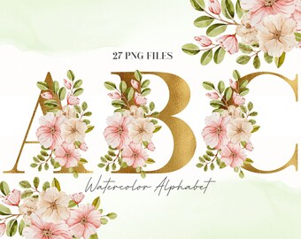 Può includere: Lettere dorate A, B e C decorate con fiori ad acquerello rosa e bianchi. Le lettere fanno parte di un alfabeto ad acquerello di 27 pezzi.