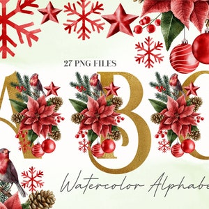Alfabeto de flores de acuarela navideñas PNG, clip de alfabeto floral rojo dorado, PNG transparente, letras doradas, letras navideñas, alfabeto 40W