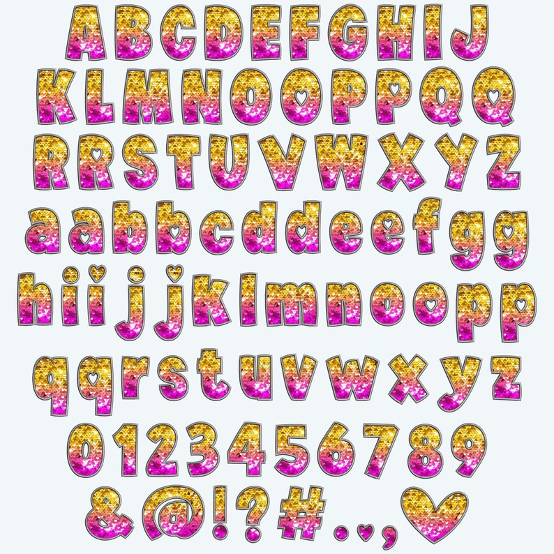 May include: A set of pink and gold glitter alphabet letters and numbers with a heart symbol. The letters and numbers are outlined in black and have a sparkly, glittery finish.