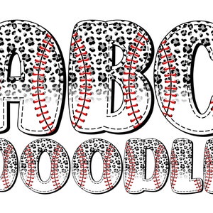 Puede incluir: Letras negras y blancas con temática de béisbol que deletrean "ABC DOODLE" con un patrón de estampado de leopardo.