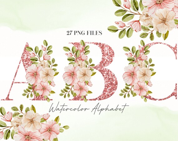 Watercolor Flowers Alphabet PNG, Gold Rose Floral Alphabet Clip Art, Transparent PNG, Glitter Uppercase Letters, Pink Botanical Alphabet 8W