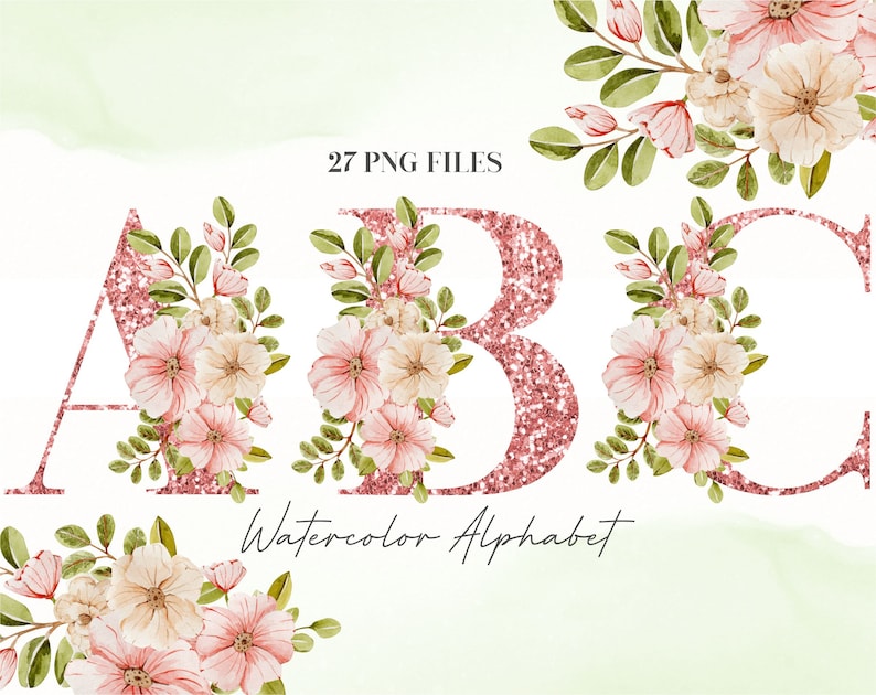 Pu&ograve; includere: Un set di 27 file PNG che presentano un alfabeto ad acquerello con fiori rosa e bianchi e glitter oro rosa. Le lettere A, B e C sono mostrate nell'immagine.