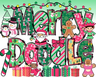 May include: A colorful Christmas-themed design with the words "Merry Doodle" in a patchwork style. The design features various Christmas characters, including Santa Claus, a gingerbread person, an elf, and a penguin.