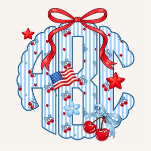 May include: A patriotic monogram design featuring the letters ABC in a blue and white striped pattern. Adorned with red cherries, stars, a blue flower, and a waving American flag. A red bow and ribbon complete the festive design.