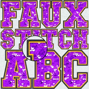 Faux Embroidery Sequin Letters BUNDLE, Faux Sequin Patch, Faux Sequin Letters, Purple Sequin, Gold, Stitched Alpha PNG, Faux Stitch, 44FS