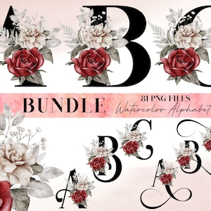 Bundel aquarel bloemen alfabet PNG, zwarte letters alfabet, transparante png, bloemen hoofdletters, rode witte rozen alfabet 26WB