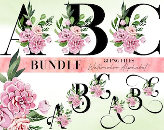 Bundle Watercolor Flowers Alphabet PNG, Black Pink Floral Alphabet , Transparent PNG, Floral Uppercase Letters, Botanical Alphabet 3WB