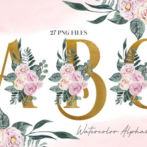 Aquarel bloemen alfabet PNG, gouden letters roze bloemen bladeren alfabet, transparante png, hoofdletters, roze rozen alfabet 23WB