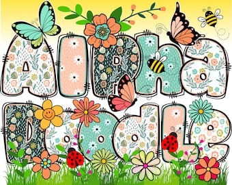 BUNDLE Spring Floral Alphabet PNG, Chubby Alpha Doodle, Doodle Flowers, Doodle Letters, Spring Letters, Clipart, Sublimation, Alpha Pack 3AB