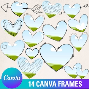 May include: A set of 14 heart-shaped frames with a blue sky and green grass background. The frames are drawn in a simple, hand-drawn style with black outlines.  The frames are perfect for adding a touch of whimsy to your designs.