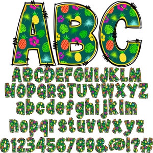 May include: A colorful alphabet with uppercase and lowercase letters, numbers, and symbols. The letters are outlined in black and filled with a tropical pattern of green leaves, pineapples, and flowers.