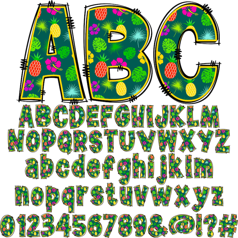 May include: A colorful alphabet with uppercase and lowercase letters, numbers, and symbols. The letters are outlined in black and filled with a tropical pattern of green leaves, pineapples, and flowers.