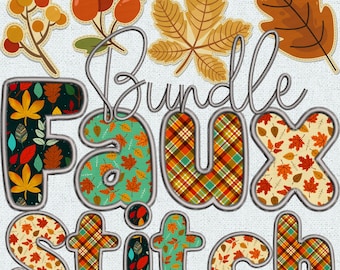 Paquete de otoño con bordado falso, alfabeto otoñal PNG, letras con puntada falsa, garabato alfa, PNG alfa cosido, letras de otoño, puntada falsa, 1EM