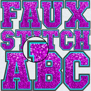 Puede incluir: Primer plano de las palabras "FAUX STITCH ABC" en un estilo universitario. Las letras son de un magenta vibrante con una textura brillante, delineadas en un turquesa brillante y un borde negro. El fondo es una tela blanca texturizada.