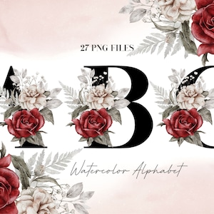 Alfabeto de flores em aquarela PNG, clipart de alfabeto floral, PNG transparente, letras maiúsculas pretas, alfabeto maiúsculo de rosas brancas vermelhas 26W