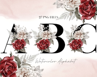 Watercolor Flowers Alphabet PNG, Floral Alphabet Clip Art, Transparent PNG, Black Uppercase Letters, Red White Roses Uppercase Alphabet 26W
