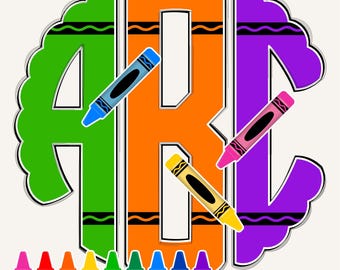 May include: A colorful graphic featuring the letters "ABC" in green, orange, and purple, with crayon illustrations. Each letter is outlined in white and decorated with black wavy lines. A row of crayons in various colors is at the bottom.