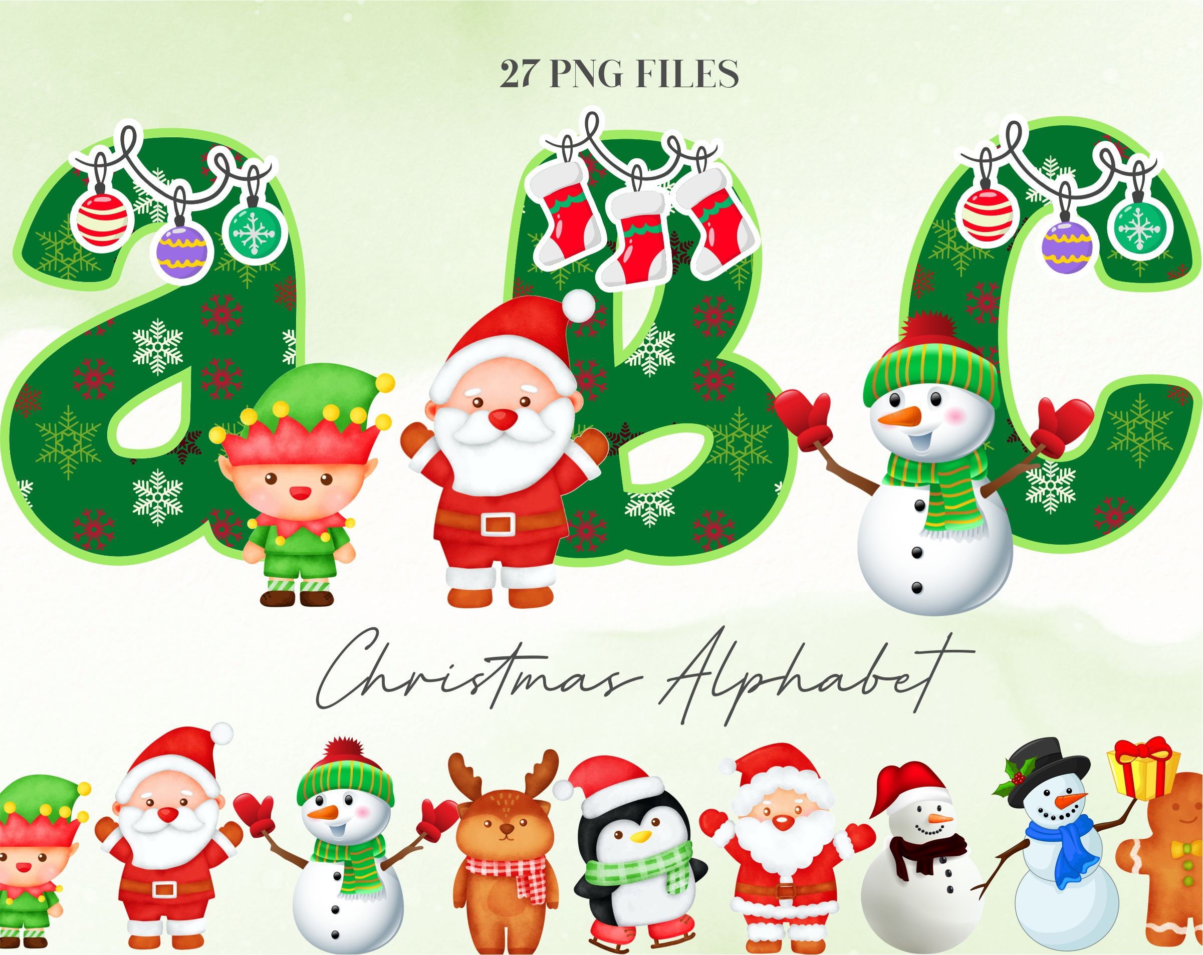 26 PNG Watercolour Green Christmas Alphabet Clipart (Instant