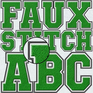 Letras de chenilla bordadas de imitación verde, parche de chenilla de imitación, letras de chenilla de imitación, universidad, PNG con costura falsa, costura falsa, 13FS