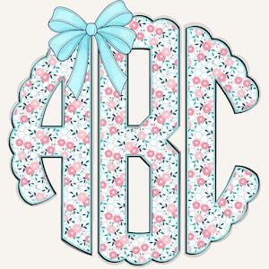 Monograma festoneado de primavera PNG, monograma preppy, monograma festoneado, monograma coqueto, flores, monograma floral, primavera, azul claro 3CS