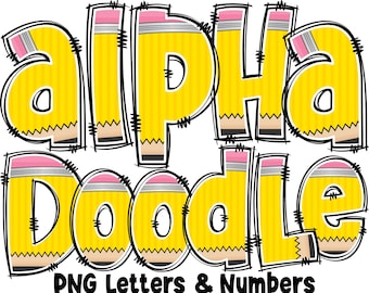 Letras y números escolares PNG, Alfabeto Doodle, Letras PNG, Letras Doodle PNG, Letras de lápiz, Sublimación, Regreso a clases, Paquete Alfa 26AP