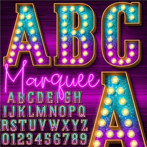 Letras de marquesina de brillo PNG, Letras de bombillas, Letras PNG, Letras 3D, Bombilla de luz brillante, Letras cian púrpura, Letras de marquesina 4MP