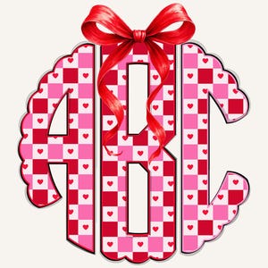 May include: A decorative monogram featuring the letters ABC in a heart-checkered pattern of red and pink. Small red hearts are scattered throughout. A large red bow adorns the top, with flowing ribbons. The letters have a scalloped edge.
