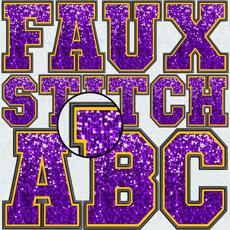 Puede incluir: Letras de imitaci&oacute;n de punto de color morado y dorado que deletrean "FAUX STITCH ABC". Las letras est&aacute;n hechas de un material brillante que se asemeja a lentejuelas.