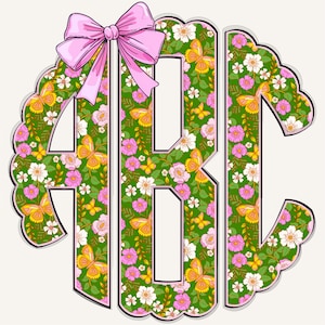 Spring Circle Scalloped Monogram PNG, Preppy Monogram, PNG Monogram, Coquette Monogram, Flowers, Floral Monogram, Butterflies Monogram 2CS