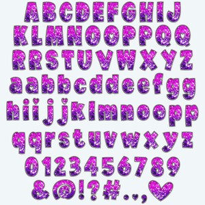 May include: Purple and pink glitter alphabet letters, numbers, and symbols. The letters are uppercase and lowercase. The numbers are 0-9. The symbols are ampersand, at sign, exclamation point, question mark, number sign, period, comma, and a heart.